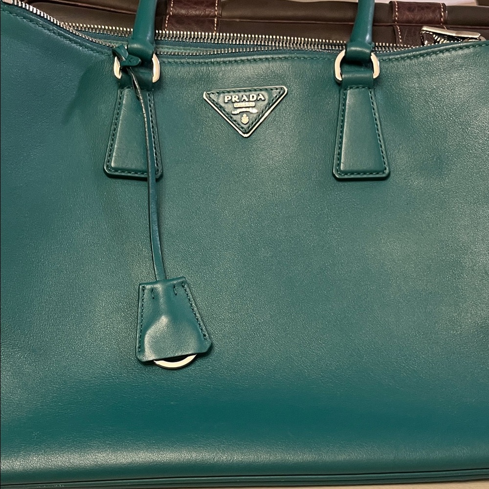 Prada Teal Green Leather Tote With Rare Silver Hardware